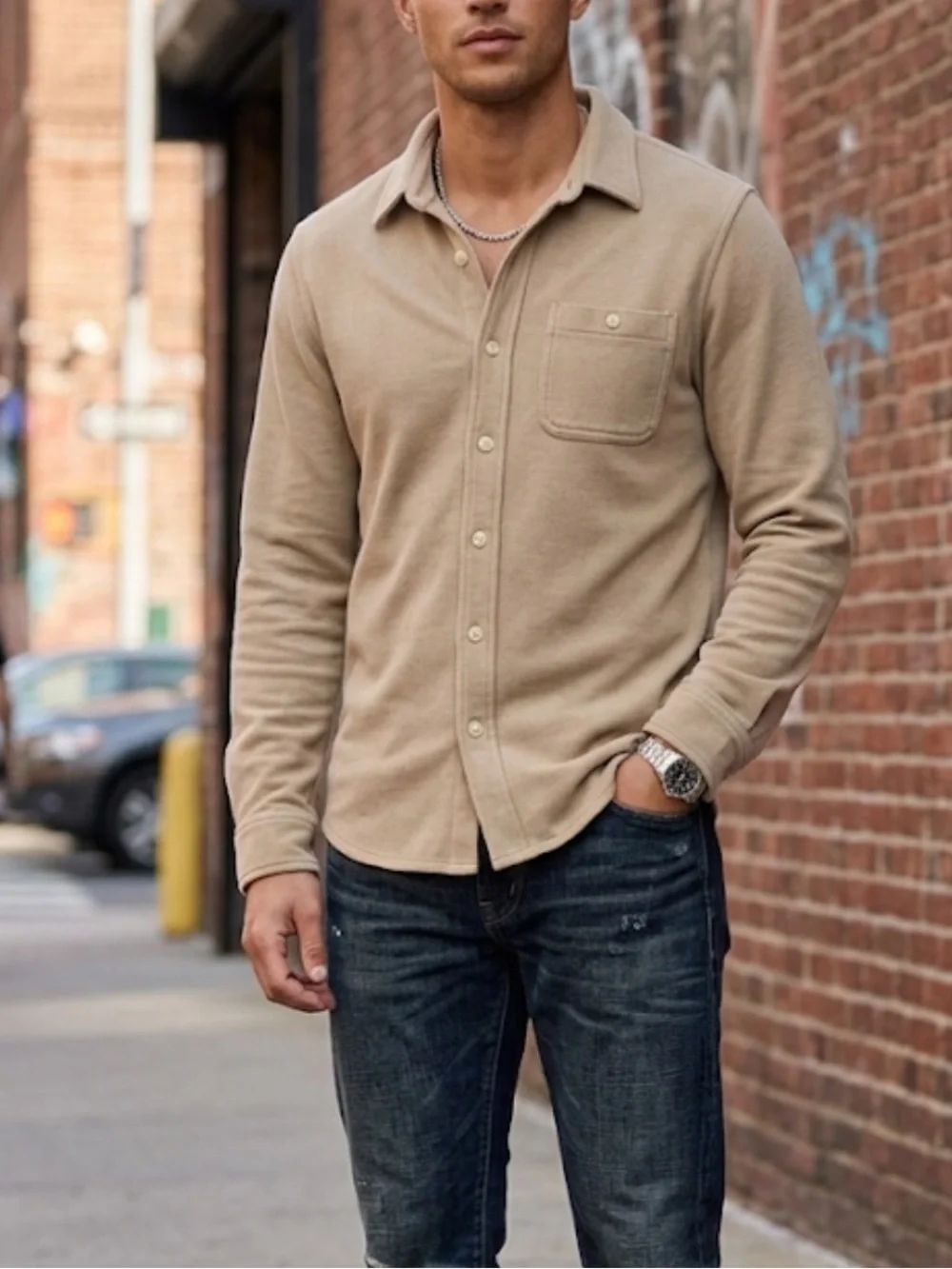 J. Crew Men's Cotton Waffle Shirt In Beige Size M Collar Long Sleeve Casual EUC